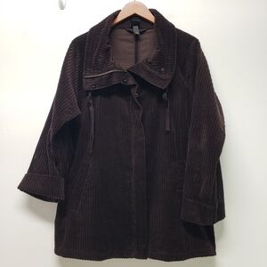 Eileen Fisher High Collar A-Line Corduroy Coat Jacket Organic Cotton Brown Small